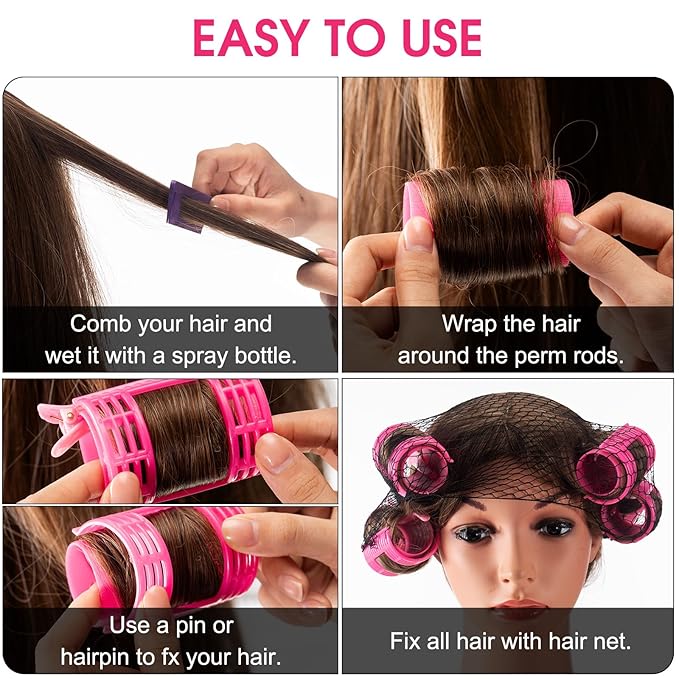 WILLBOND 65 Pieces Magnetic Hair Rollers Set Plastic Rollers Curlers with Clips 4 Sizes for Long Medium Short Hair, Duck Clips Hairnet Hairdressing Styling Tool(Pink)