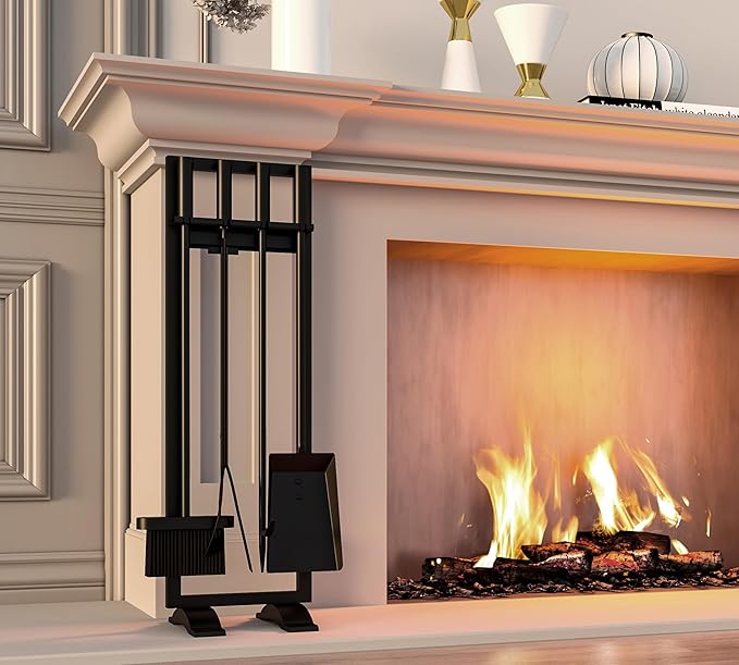 Fire Beauty Fireplace Tools Set 5 Pieces Fireside Accessories Fire Kit Stand Woodstove Tools Holder Wrought Iron Handle Indoor Fireset Stand