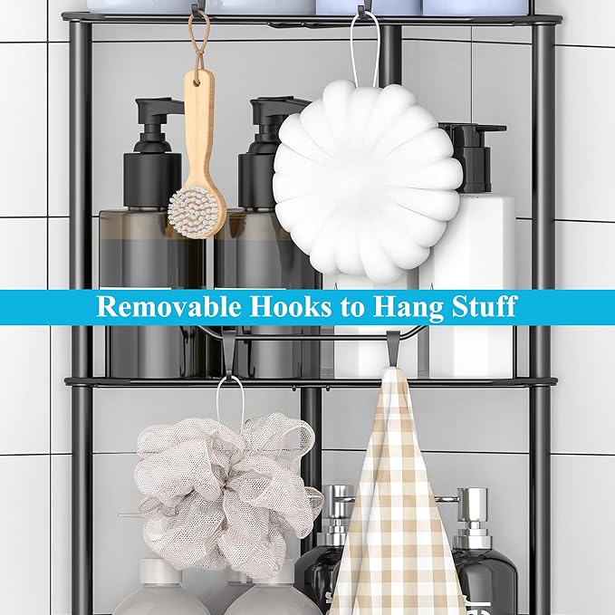 2 Tier Floor Standing Corner Shower Caddy Organizer Shelf with Hooks, Bathroom Shelves Stand Rack, Black