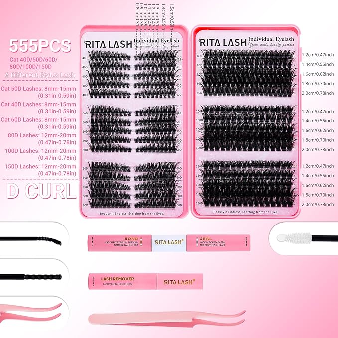 Lash Clusters Kit Eyelash Clusters Kit Cat Eye Lashes Clusters Lash Extension Kit Cluster Eyelash Extensions Pestañas Postizas Naturales with Lash Bond&Seal,Remover,Lash Tweezers(Cat Eye Lash Kit)