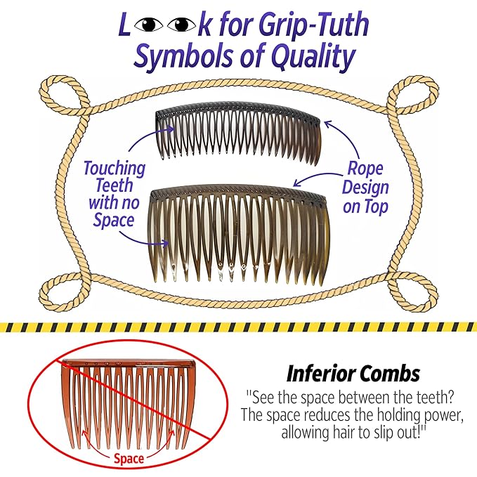 Good Hair Days Grip-Tuth Combs - 2 3/4" Side Combs, For All Types Of Hair, Decorative & Styling Women Accessories - Crystal, Set Of 2