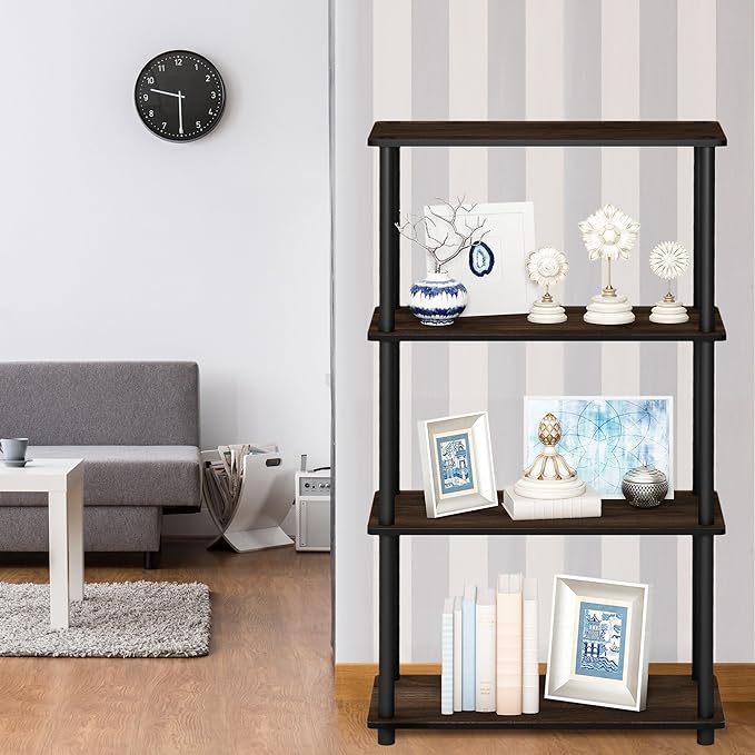 Furinno Turn-N-Tube 4-Tier Multipurpose Shelf Display Rack, Round Tubes, Columbia Walnut/Black