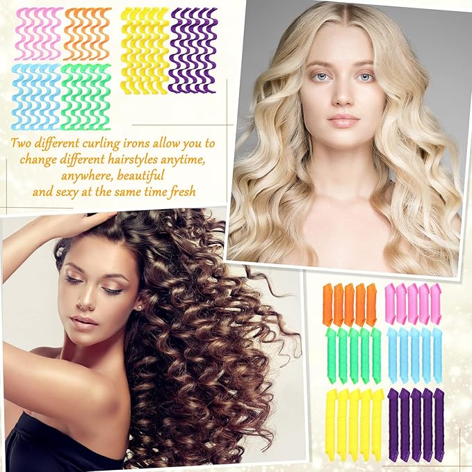 60 Pcs Heatless Wave Curlers No Heat Hair Curlers Rollers Spiral Styling Kit 2 Styles, 22'' 18'' 12'' Wave DIY Rollers for Women Short Long Hair with 2 Styling Hooks
