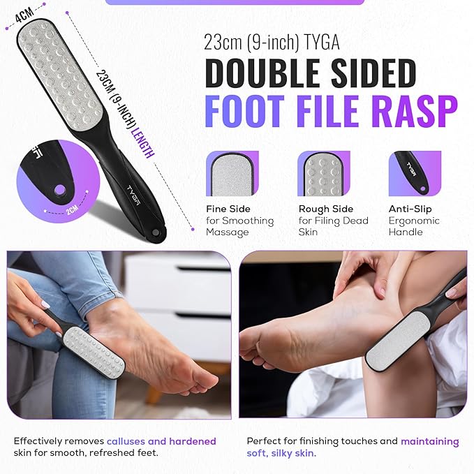 TYGA Double-Sided Foot File, Coarse & Fine, Dry & Wet, Stainless Steel, Pedicure Care Tool, Callus Remover for Feet, Multidirectional Nickel, Hard Skin Removal, Washable, Spa and Skin Care (Black)