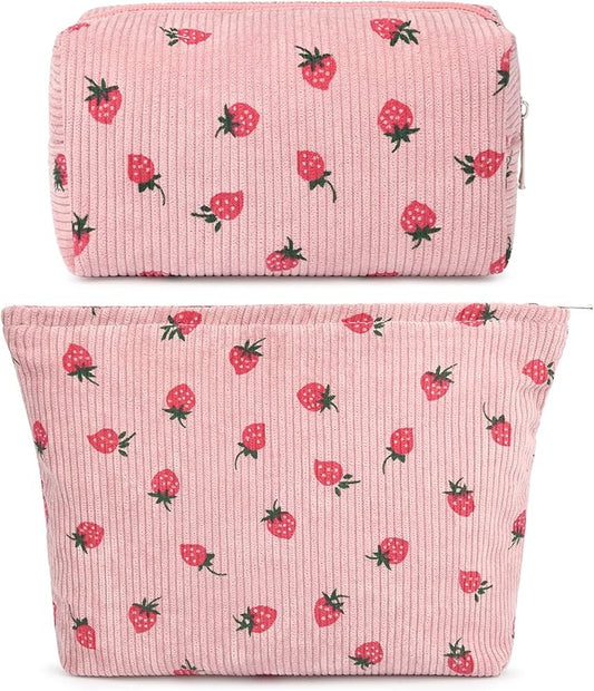 SOIDRAM 2 Pcs Makeup Bag Large Cosmetic Bag Toiletry Bag Makeup Pouch Travel Bag Organizer Cute Makeup Brushes Aesthetic Accessories Storage Bag for Women Pink Strawberry