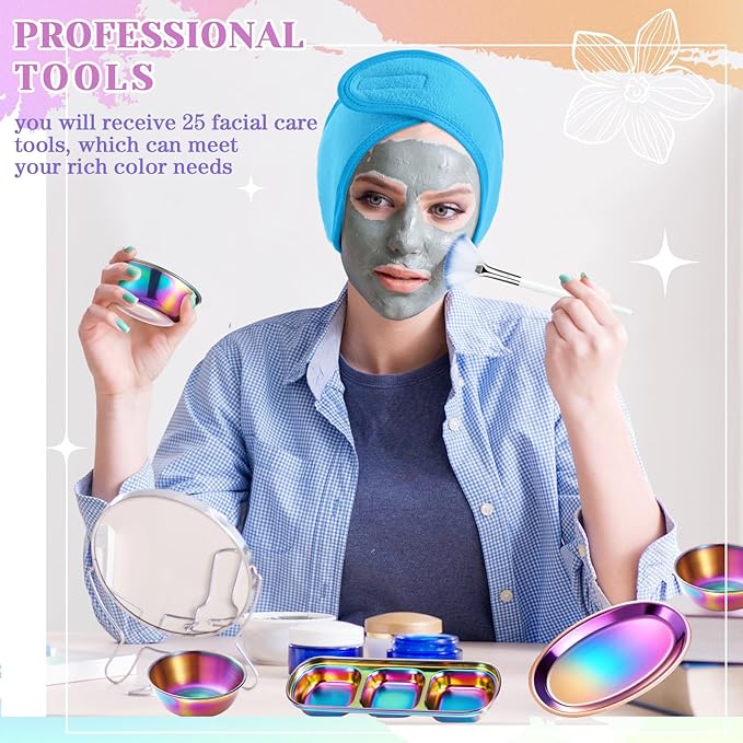 LemonRoad 25 Pcs Esthetician Facial Supplies Set, 3 Stainless Steel Mixing Bowls, 2 Serving Trays, 6 Brushes, 2 Hairbands, 12 Compressed Sponges for Women Facial Mask Spa Home Use(Laser Color)
