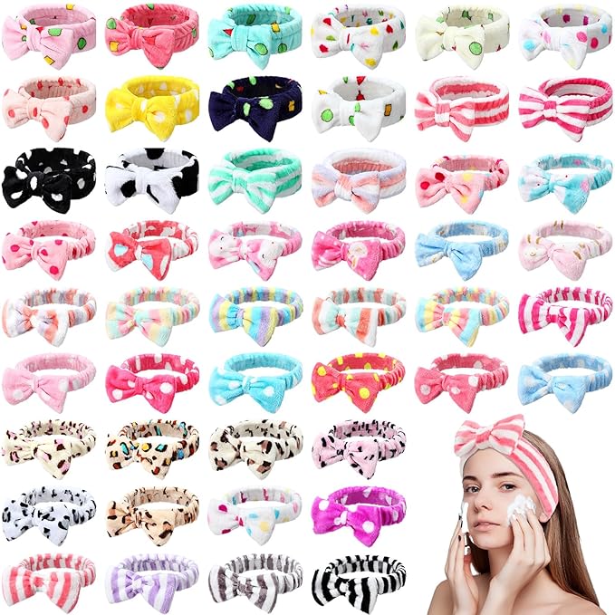 Giegxin 48 Pieces Spa Headband Bulk Bow Hair Band Facial Makeup Headbands Fluffy Plush Headband for Women Girls Washing Face Spa Sleepover Party Supplies(Novel Pattern)