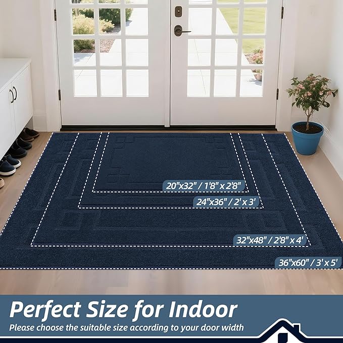 BEQHAUSE Door Mat 20" x 32", Non-Slip Door Mats Indoor Entryway Rugs Washable Low-Profile Absorbent and Stain Resist Floor Mats, Dog Door Mat for Front Back Door, Mud Wet Shoes & Paws, Navy Blue