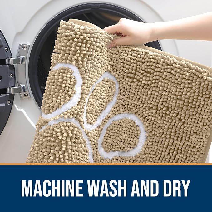 OLANLY Dog Door Mat for Muddy Paws 54x32, Paw Print Design, Absorbs Moisture and Dirt, Absorbent Non-Slip Washable Doormat, Quick Dry Chenille Mud Mat for Dogs, Entry Indoor Entryway Carpet, Beige