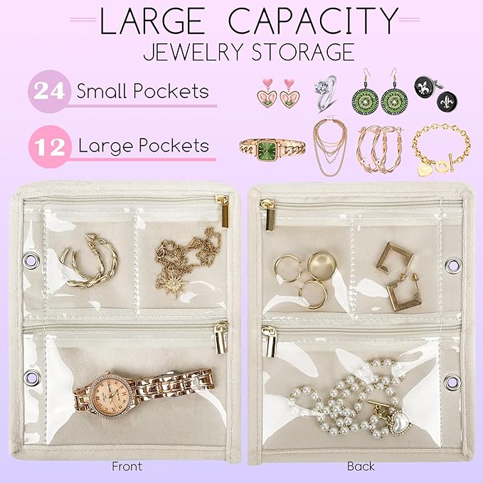 Travel Jewelry Organizer Case,Jewelry Bags Jewelry Storage Book Binder with Clear Zipper Velvet Pouch for Traveling,Earrings, Rings, Necklace, Bracelet (White)
