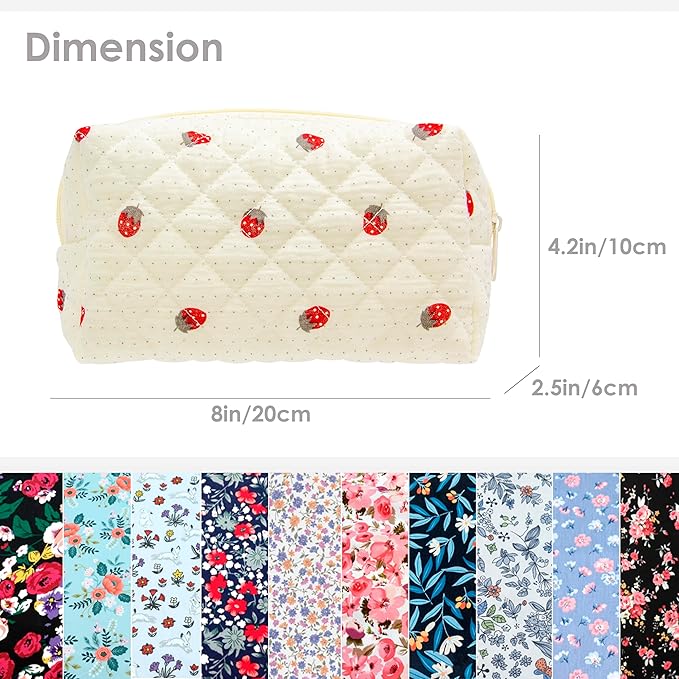 PAZIMIIK 2PCS SET Vintage Quilted Makeup Bag Cosmetic Pouch for Brushes Pencils and Travel Make Up Accessories for Women and Girls Gauze Strawberry