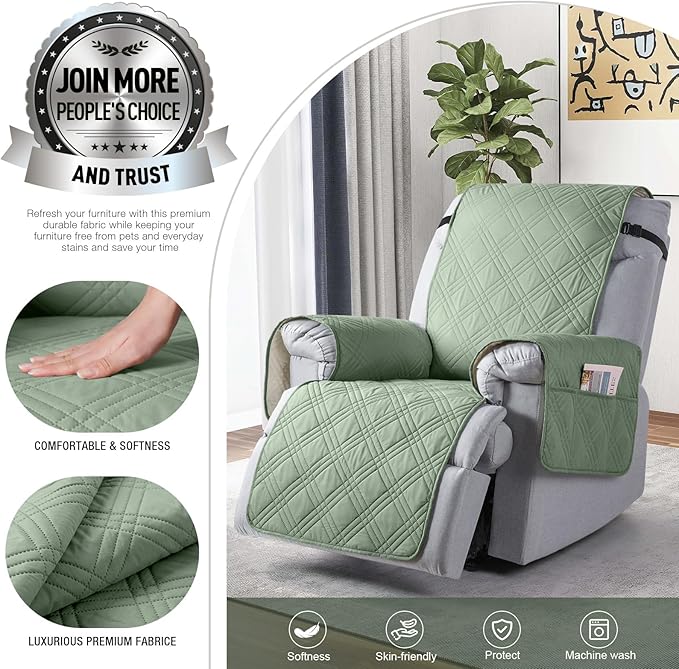 TAOCOCO Waterproof Recliner Chair Covers 30 Inch Wide, Oversized Recliner Covers for Recliner Chair with Pocket, Recliner Slipcovers with Straps Furniture Protector for Kids Pets (30'', Sage Green)