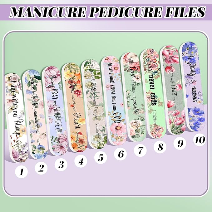 50 Pack Easter Christian Gifts for Women Bulk Mini Bible Verse Scripture Nail Files Floral Emery Boards 10 Styles Christian Religious Appreciation Party Gifts for Women Team Employee Coworkers