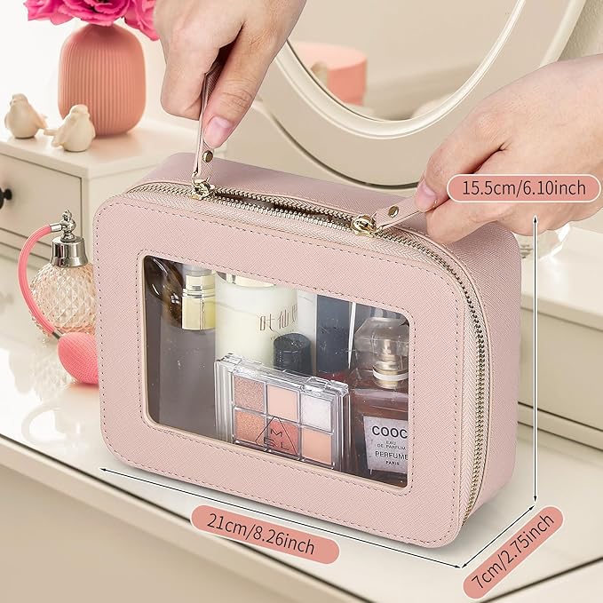 Clear Travel Makeup Bag with Brush Case Portable Transparent Cosmetic Bag and Toiletry Bag Waterproof Makeup Organizer with Zipper Car Essential for Women (Pink, M+Slim)