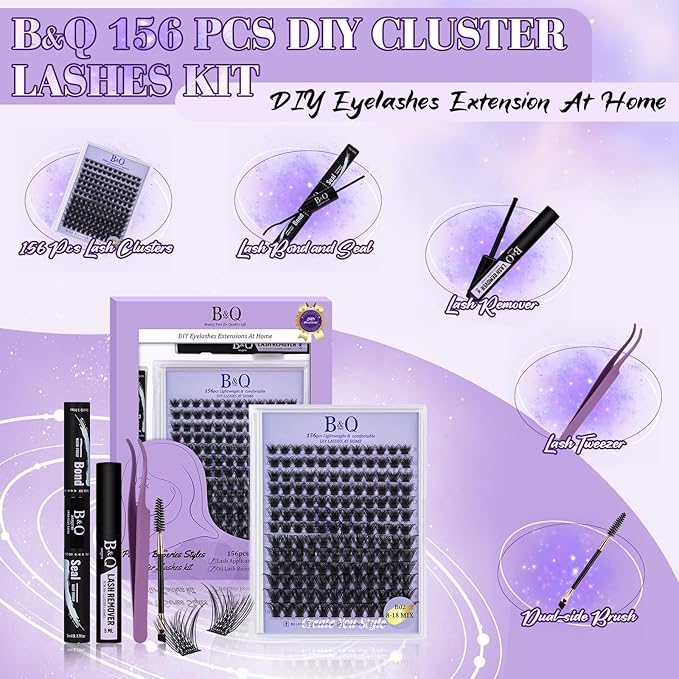 B&Q Wispy Lash Clusters Kit B02, DIY Lash Extension Kit 156PCS Eyelash Extension Kit, Soft Natural Lash Clusters 8-18MIX D Curl Lash cluster, Thin Black Band Cluster Eyelash Extensions (B02 Set)