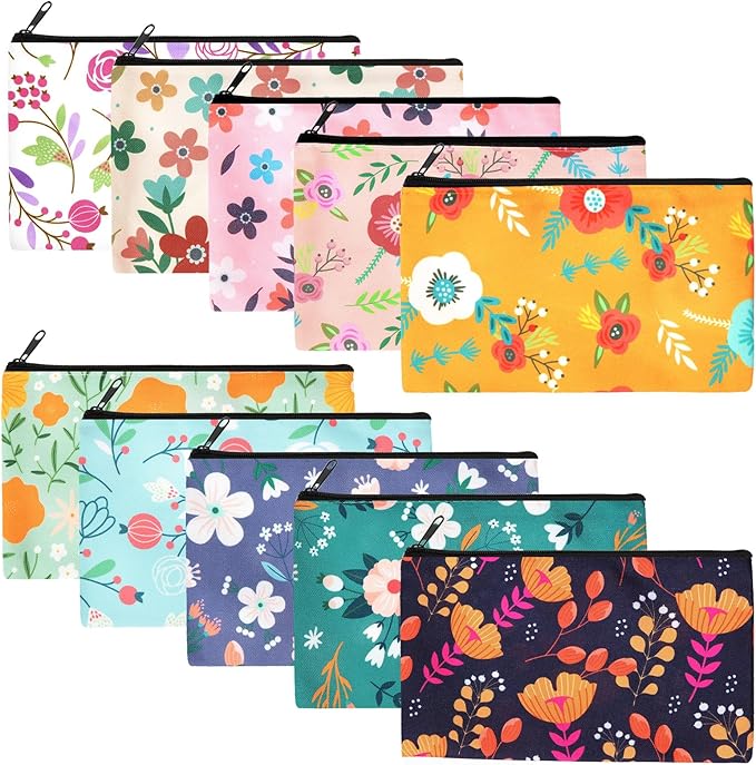 Reginary 20 Pcs Makeup Bags for Women Bulk Flower Canvas Cosmetic Bags with Zipper 7 x 4.3 Inches Floral Multicolor Travel Pouch Small Toiletry Organizer Gifts for Valentine's Day Friend Girlfriend