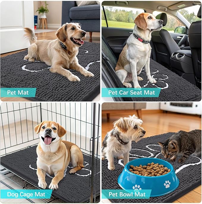 OLANLY Dog Door Mat for Muddy Paws 45x27, Paw Print Design, Absorbs Moisture and Dirt, Absorbent Non-Slip Washable Doormat, Quick Dry Chenille Mud Mat for Dogs, Entry Indoor Entryway Carpet, Dark Grey