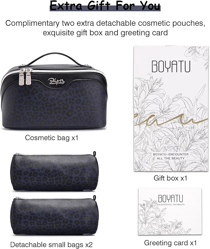 BOYATU Travel Makeup Bag for Women: 3 Pcs Set Portable Make up Bags with Handle - Leopard Print Cosmetic Bags with Comparments - Waterproof Vegan Leather Toiletry Bag (11-Blue)