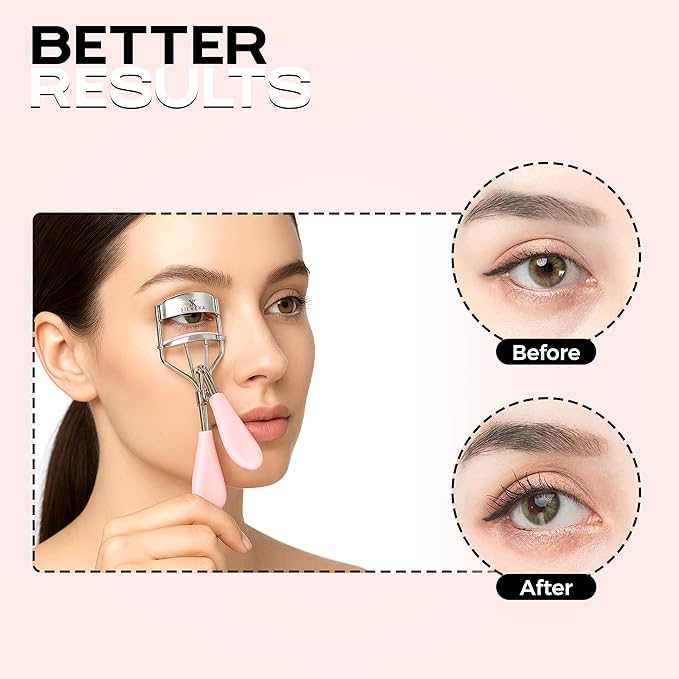 Eyelash Curler with Comfort Grip – Professional Stainless Steel Lash Curler with Soft Silicone Pads | No-Pinch, Long-Lasting Curl for All Eye Shapes | Ergonomic Handle Makeup Tool (Pink)