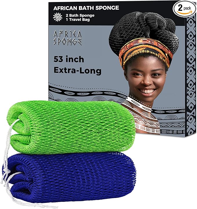 African Net Sponge Authentic - 2 Pieces 53in Stretched Length Exfoliating Body Scrubber Bath Sponge - Loofah Washcloth Back Scrub for Shower Body Exfoliator