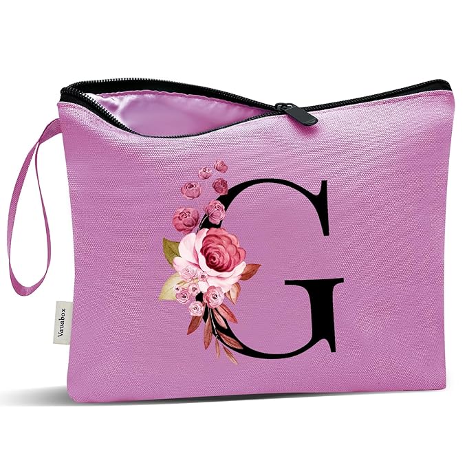 Vavabox A-Z Personalized Makeup Bag, Birthday Gifts for Women Mom, Gifts for Best Friend, Bride Bridesmaid Cosmetic bag (G, Purple)