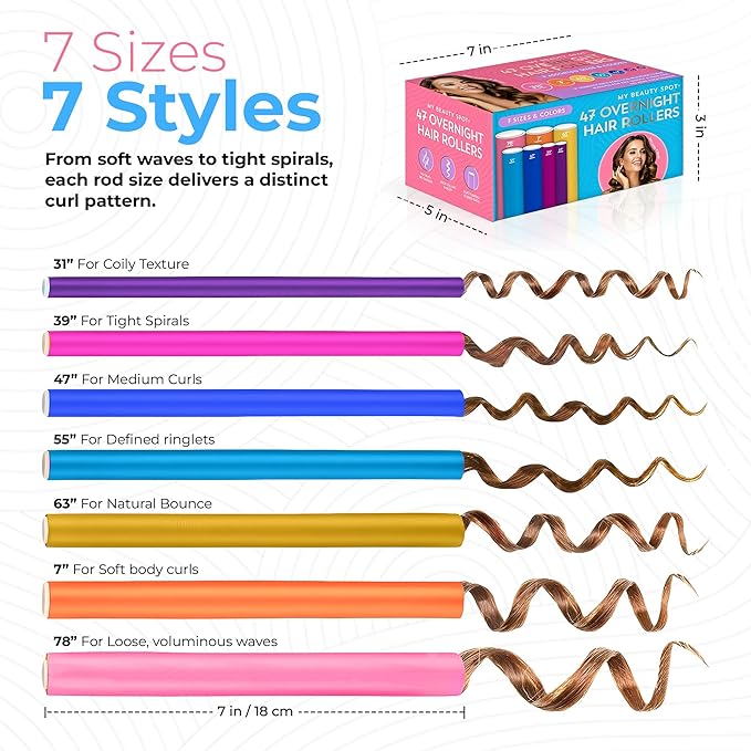My Beauty Spot Flexi Rod Rubber Rollers - 47 pc. Salon Quality Overnight Hair Rollers for Medium to Long Hair - 7 Sizes for Tight Curls or Loose Waves, Damage Free, Heatless Curls Overnight