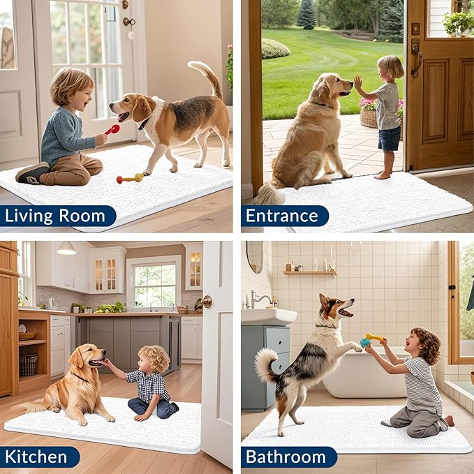 Smiry Dog Door Mat for Muddy Paws 70x24, Absorbs Moisture and Dirt Doormat, Non-Slip Washable Quick Dry Chenille Front Door Mat Indoor Entrance, Entryway Carpet for Inside Floor, White