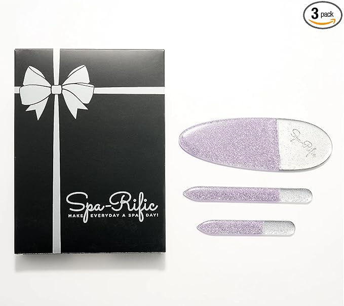 Spa-Rific 3pc Nano File Set: Professional Heavy Duty Glass Nail Files with Case Kit - Reusable Crystal Fingernail Manicure and Pedicure Tools for Men, Women, and Adults (Lilac Shimmer)