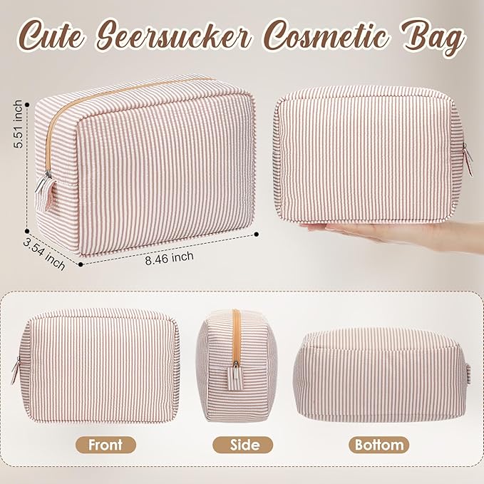 Sanwuta 6 Pcs Seersucker Cosmetic Bag Bulk Pinstripe Makeup Bag for Women Aesthetic Cute Travel Toiletry Organizer Preppy Storage Pouch for Wedding Bridesmaid Christmas Gift (Large, Khaki)