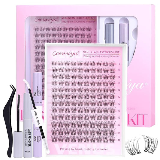 Geeneiya Venus Lashes Clusters Kit DIY Lash Extension, 8-14MM Invisible Lash Clusters, Soft Band Cluster Eyelash Extensions Kit with Waterproof Lash Bond and Seal, Lash Remover, Tweezers for Beginners
