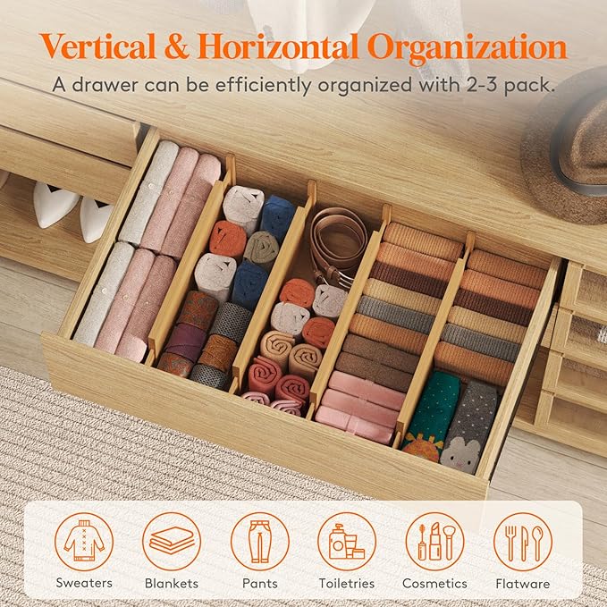 Lifewit 4 Pack 6" Deep Bamboo Drawer Dividers, 17.5-22" Expandable Drawer Organisers for Clothes, Adjustable Dresser Drawer Divider, Clothing Drawers Separators for Dresser, Bedroom, Bathroom, Office