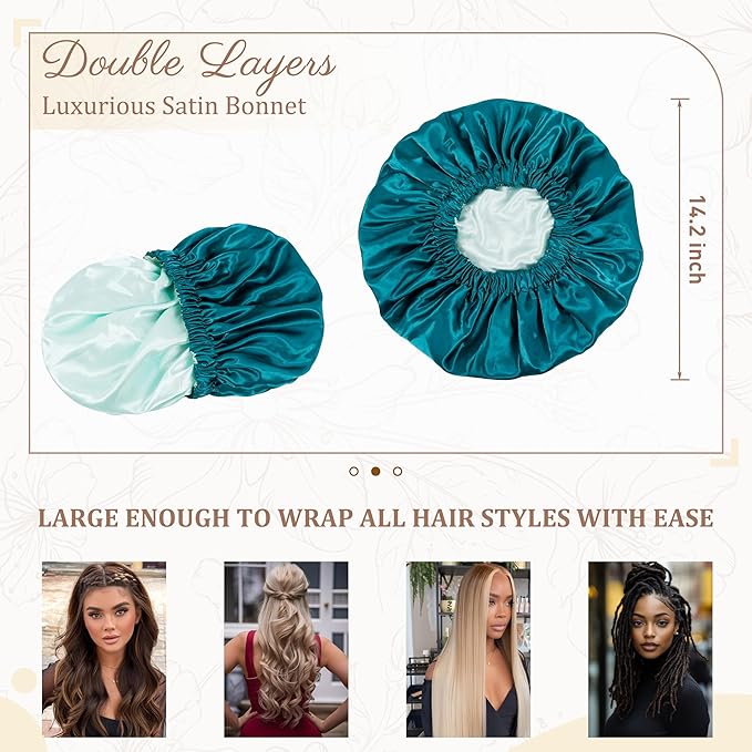 Satin Bonnet Silk Bonnet Hair Bonnet for Sleeping-Slouchy Beanie Hat Satin Sleep Cap for Women's Natural & Curly Hair(Blue Zircon)