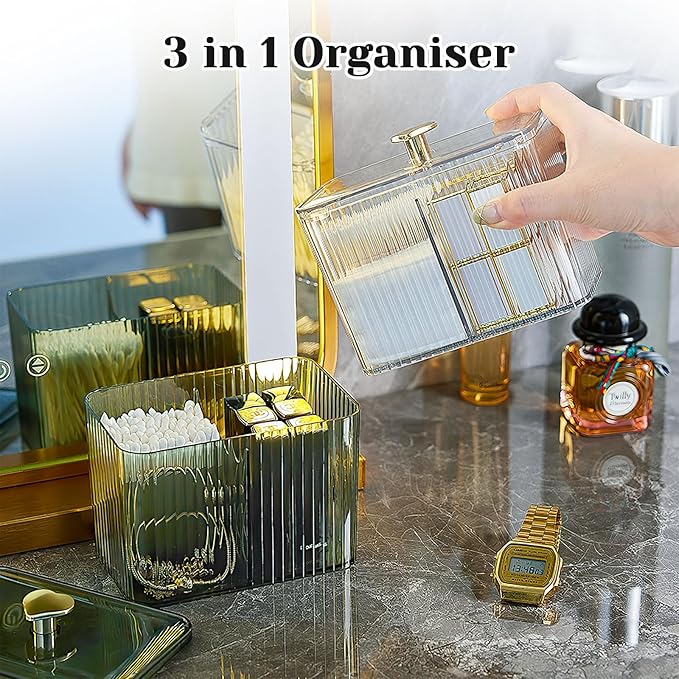 Qtips Holder Bathroom Container 3-Section Bathroom Organizer Dispenser 3 Grids Cotton Ball/Swab/Pad Holder Jar Organizer Cosmetics Storage for Vanity Green