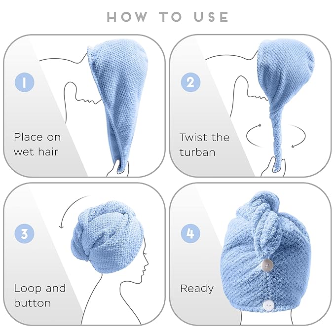 2 Pack Microfiber Hair Towel Wrap for Women, Anti Frizz Quick Drying Hair Turban for All Hair Style, Absorbent and Lightweight (Blue)