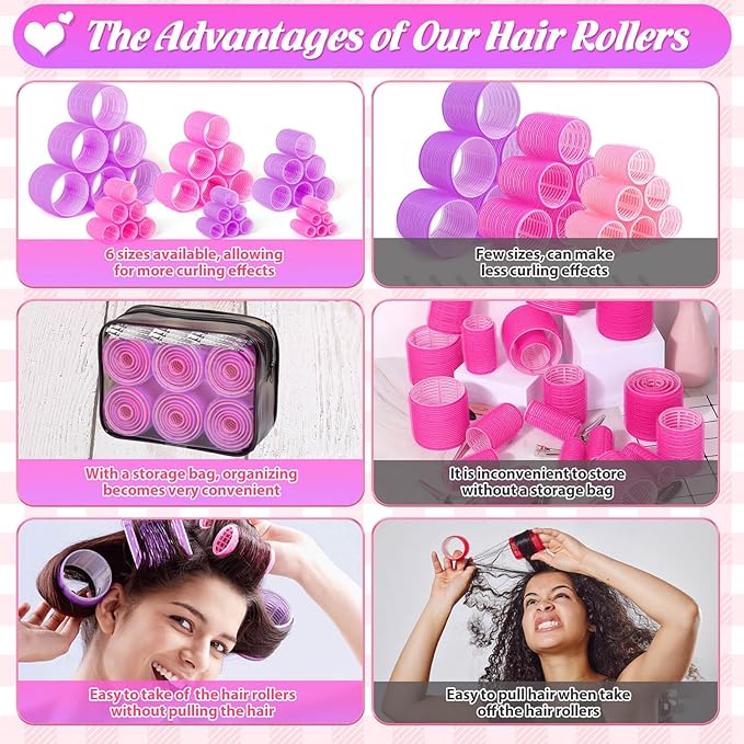 6 Size Hair Rollers for Women, 62 Pcs Rollers Hair Curlers for Blowout Look Long Medium Short Hair, Jumbo Large Medium Small Self Grip Curlers with 36 Roller 24 Clips 1 Storage Bag