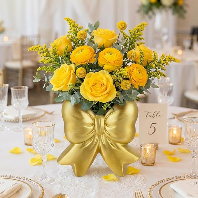Bow Vase Coquette Ceramic Vase Pen Holder Makeup Brush Holder Contemporary Design Decorative Women Gift for Christmas Home Office Shelf Table Room(Gold,Small,Classic)