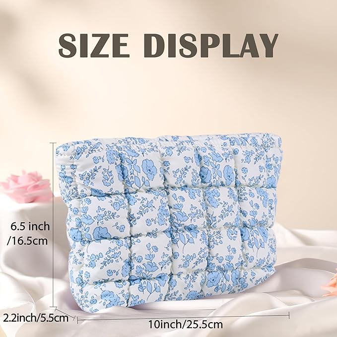 Puffy Quilted Makeup Bag, Cosmetic Bag, Travel Toiletry Organizer Pouch, Clutch for Women (Blue Floral)