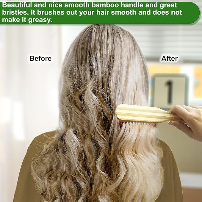 Bamboo Detangling Hairbrush and Wide Tooth Comb Set - Promotes Hair Growth, for Women, Men, Thick, Thin, Curly, Dry Hair - Cleaner Included