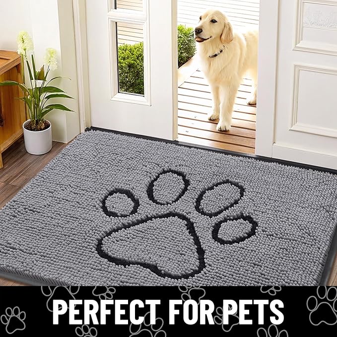 Smiry Dog Door Mat for Muddy Paws, Absorbent Dirt Trapper Non Slip Quick Dry Washable Chenille Mat for Mud Dogs, Entry Rug for Indoor and Outdoor (44x24 Inches, Grey and Black)