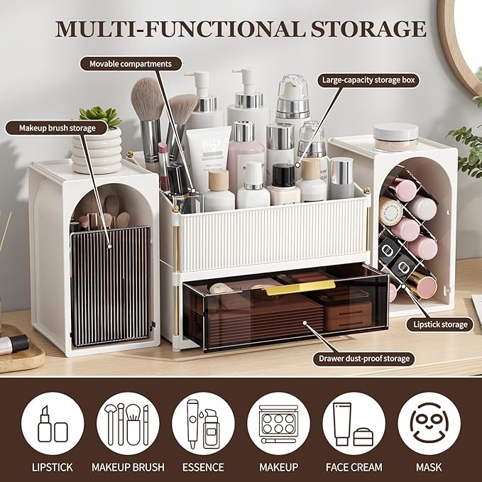 Seoneiro Makeup Organizer with Drawers, Cosmetic Storage for Dresser Countertop and Bathroom Vanity, Beauty Holder for Lipstick Brush Skincare Display case (Milky White + Dark Brown)