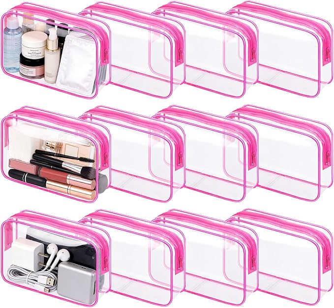 12PCS Clear Cosmetic Bag Transparent Makeup Bag for Women Men Waterproof Travel Makeup Clear Toiletry Organizer Cosmetic Storage Pouch Case with Zipper (Rose Red, Medium)