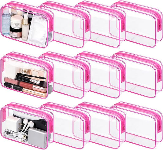 12PCS Clear Cosmetic Bag Transparent Makeup Bag for Women Men Waterproof Travel Makeup Clear Toiletry Organizer Cosmetic Storage Pouch Case with Zipper (Rose Red, Medium)