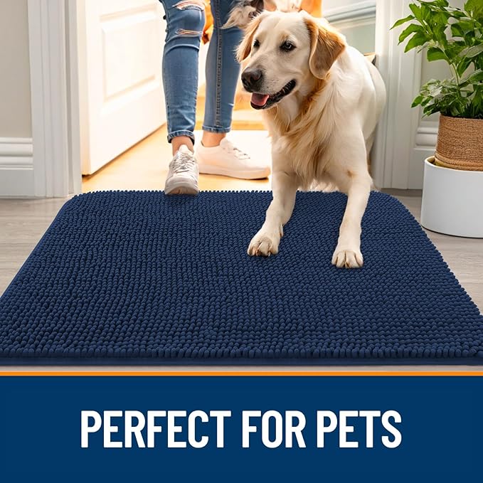 OLANLY Dog Door Mat for Muddy Paws 70x35, Absorbs Moisture and Dirt, Absorbent Non-Slip Washable Doormat, Quick Dry Chenille Mud Mat for Dogs, Entry Indoor Entryway Carpet for Inside Floor, Dark Blue