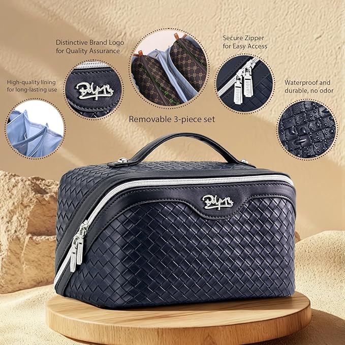 BOYATU Travel Makeup Bag Cosmetic Bags for Women: Large Capacity 3 Pcs Set Make up Bag with Compartments - Waterproof Vegan Leather Toiletry Organizer Bags with Handle (L34 Dark Blue)