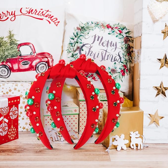 2 Pcs Christmas Headband for Women Pearl Knotted Headband Red Green Pearl Rhinestone Crystal Jeweled Hairbands Fashion Ladies Hair Band Hair Hoop Accessories Holiday Outfits Headpiece (Red)