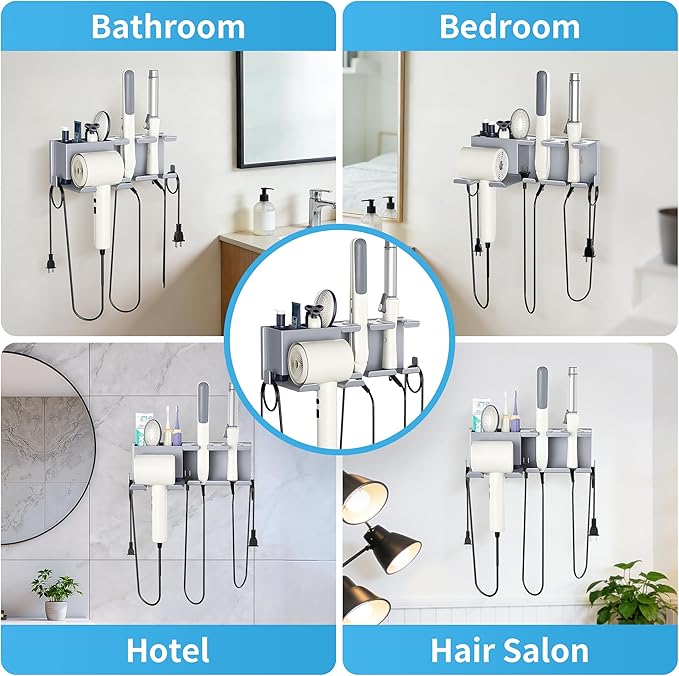 Blow Dryer Holder, 2 Installation Methods (Adhesive & Screws) Hair Dryer Holder Wall Mounted, Metal Hair Tool Organizer for Curling Iron, Straightener, Bathroom Wall Organizer, Gray