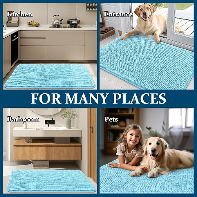 OLANLY Dog Door Mat for Muddy Paws 54x32, Absorbs Moisture and Dirt, Absorbent Non-Slip Washable Doormat, Quick Dry Chenille Mud Mat for Dogs, Entry Indoor Entryway Carpet for Inside Floor, Blue