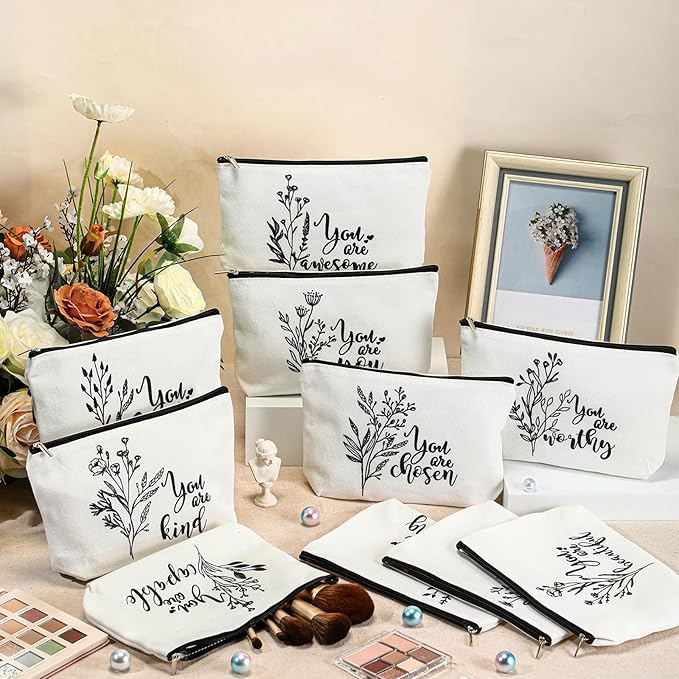 Coume 10 Pcs Valentines Canvas Makeup Bags Bulk, Inspirational Quotes Cosmetic Zipper Encouragement Travel Pouch Toiletry Bag Women Teacher Friend Birthday Gift(White,Aesthetic)