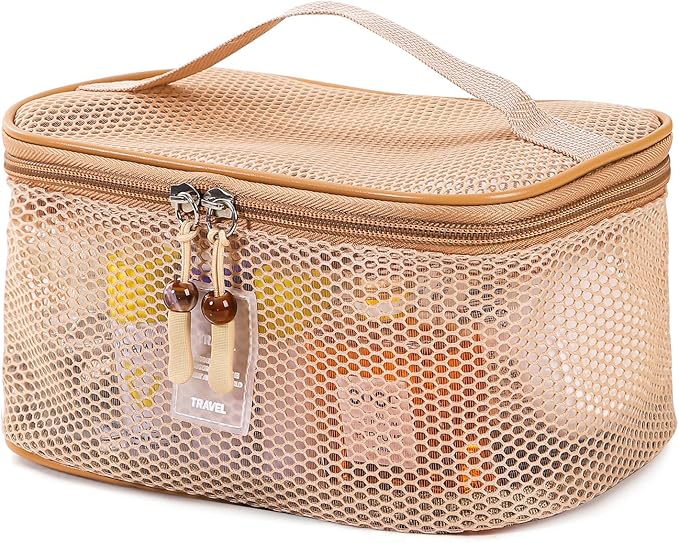 Boho Mesh Makeup Bag, Breathable Cosmetic Bags with Zipper, Travel Lightweight Make Up Organizer Mesh, Toiletry Bag with Handle for Women Girls Gift