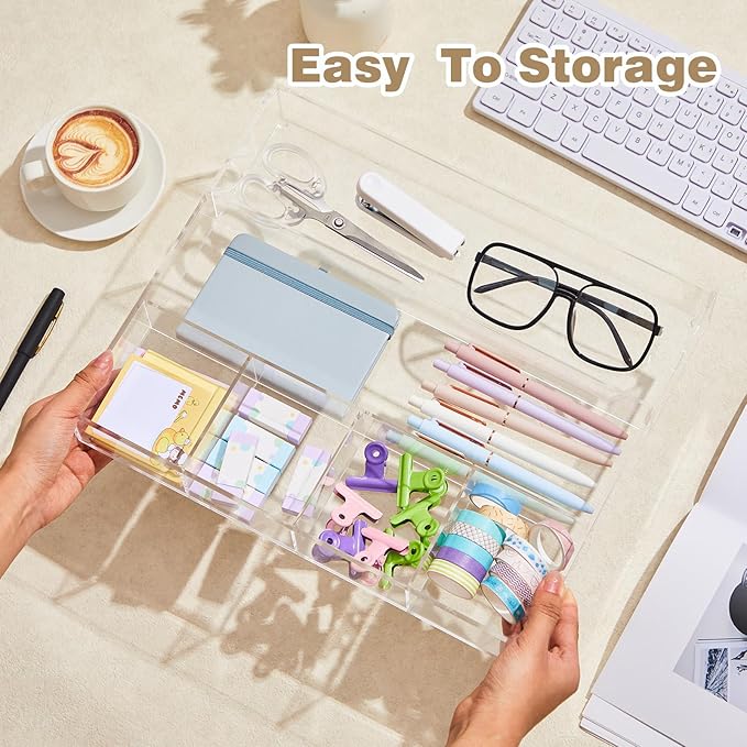 Large Acrylic Desk Deep Drawer Organizer with Adjustable Dividers, Anti-Skip Clear Desk Top Organizer Tray for Pens, Desktop, Office, Bathroom, Kitchen, Makeup Supplies(6 Compartments)